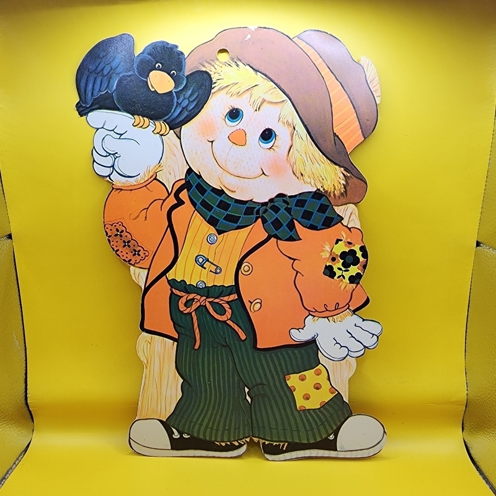 Vtg Halloween Scarecrow & Crow Die Cut Cardstock 14x9" Double Sided Wall Decor - Picture 2 of 4